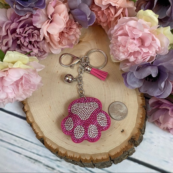 Pink Crystal Paw Print with Tassel on a Keychain - Picture 8 of 8